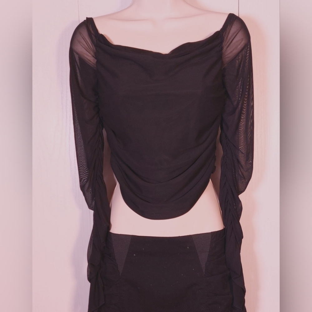 Cider Black Mesh Top Size Large Sheer Back Long Sheer Sleeves W Ruching Party - Picture 2 of 10
